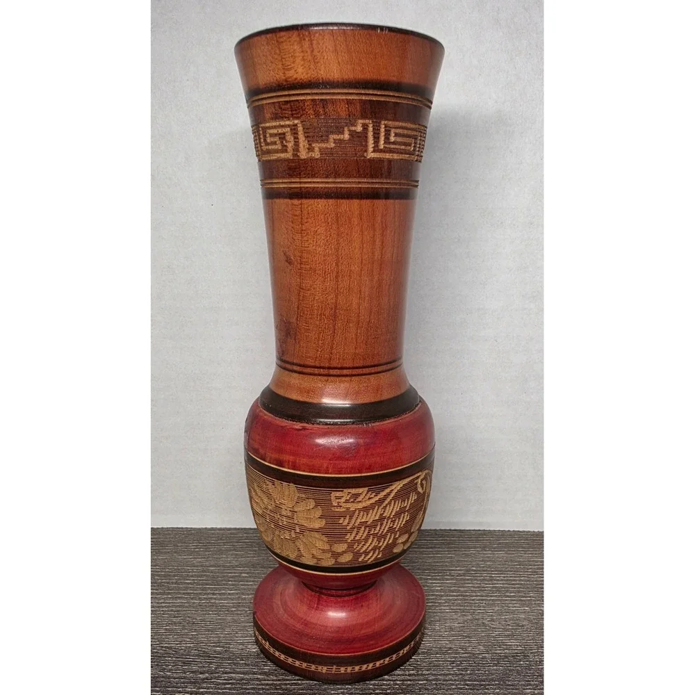 Vintage Hand Carved Wooden Bud Vase Floral Etched Two Tone Brown Red 8